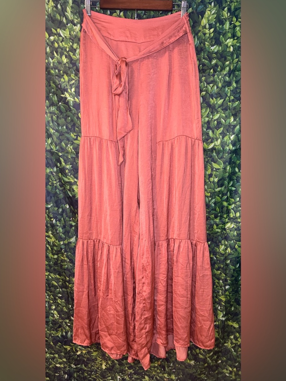 eesome Coral Wide-Leg Tiered Pants with Tie Waist